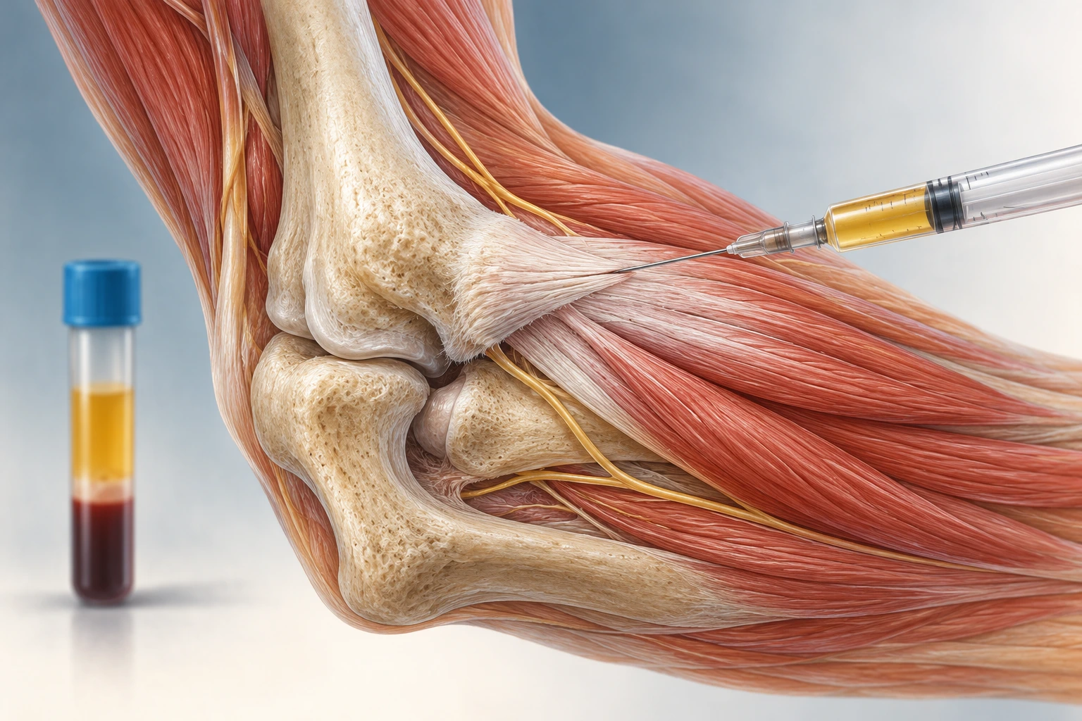 Ilustração anatômica conceitual do cotovelo, tendão e aplicação de plasma.